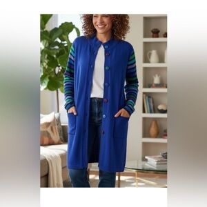 Women's Bob Mackie Wearable Art Long Sweater  Blue w/Striped Sleeves Size Large